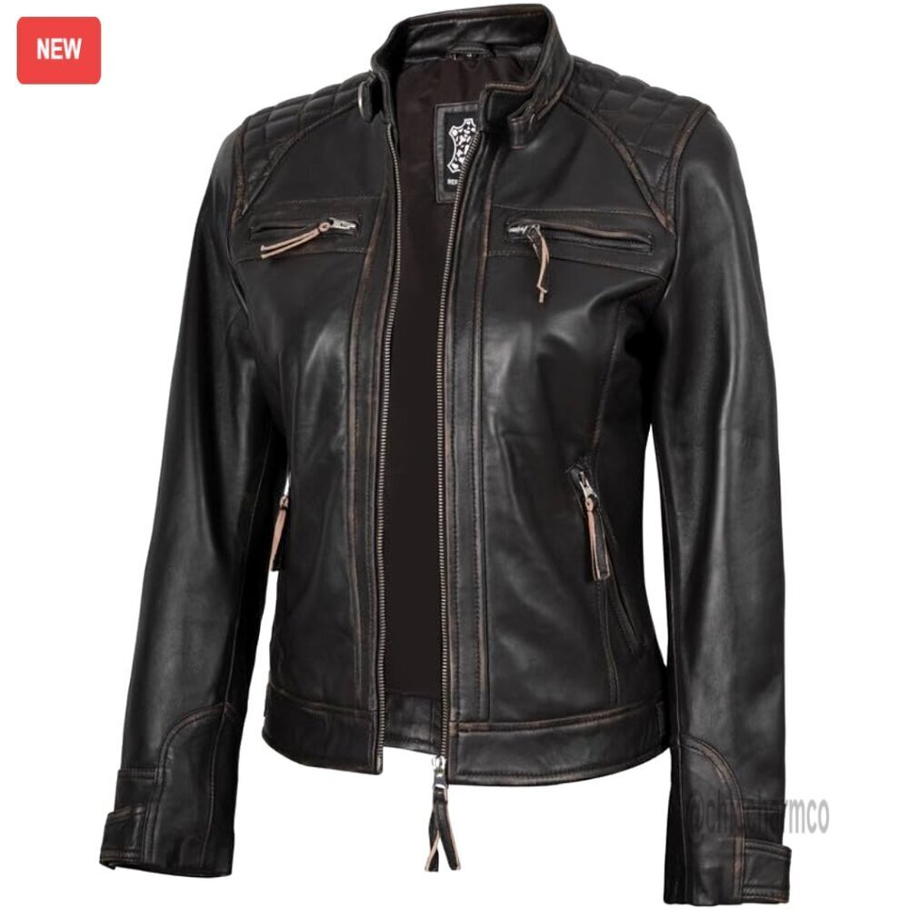 Quilted Cafe Racer Lambskin Leather Jacket Women's Size M